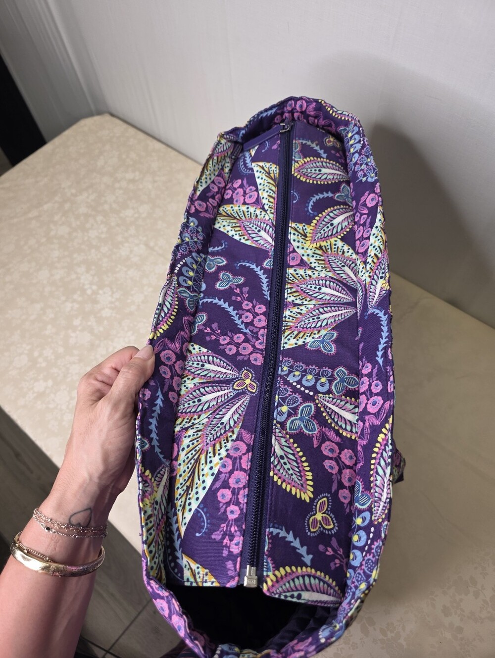 Vera Bradley Quilted Cotton Large Zip Top Tote Bag Purple Pink Paisley Floral - Picture 5 of 10